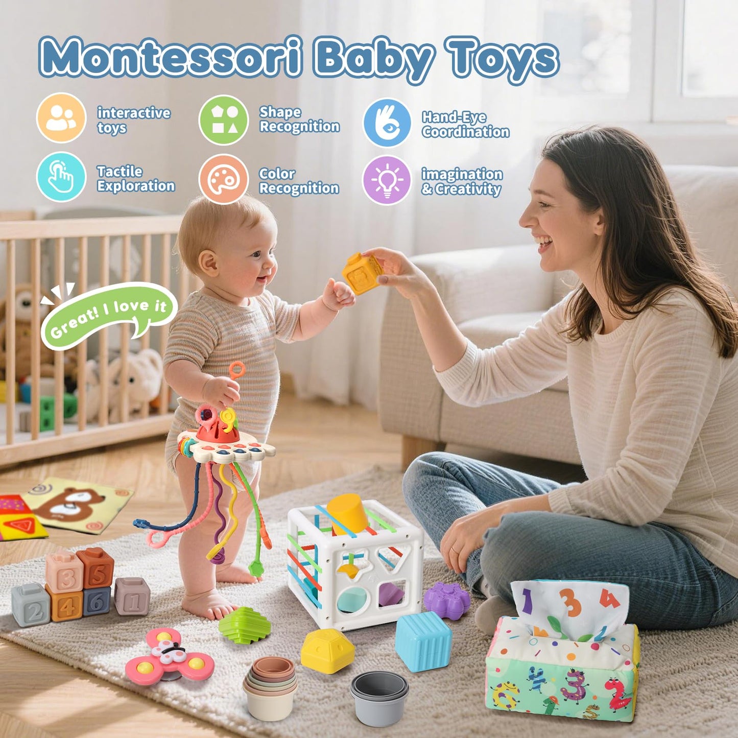 EPOGG 6 in 1 Montessori Toys for Babies 6-12 Months Up - Incl Pull String Toy, Stacking Cups, Tissue Box, Suction Cup Spinner, Stacking Blocks,Activity Cube, Baby Toys for 1 2 3 Year Old