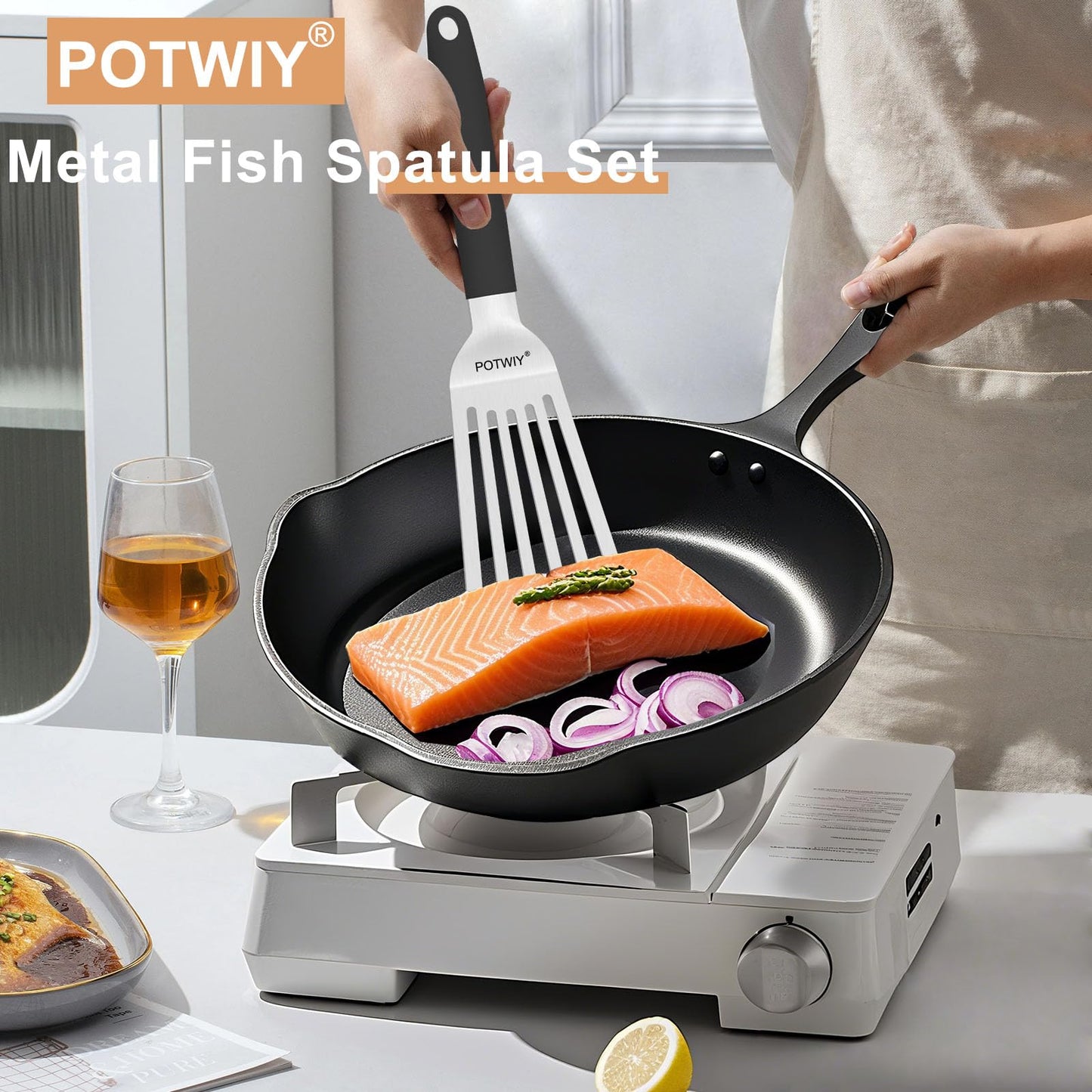 POTWIY Stainless Steel Spatula Set, 13.3" Large & 11.3" Small Slotted Fish Turner with Silicone Handle, Metal Spatulas for Kitchen, Grilling, Cooking Utensils Flipper for Fish, Egg, Pancake (2 Pack)