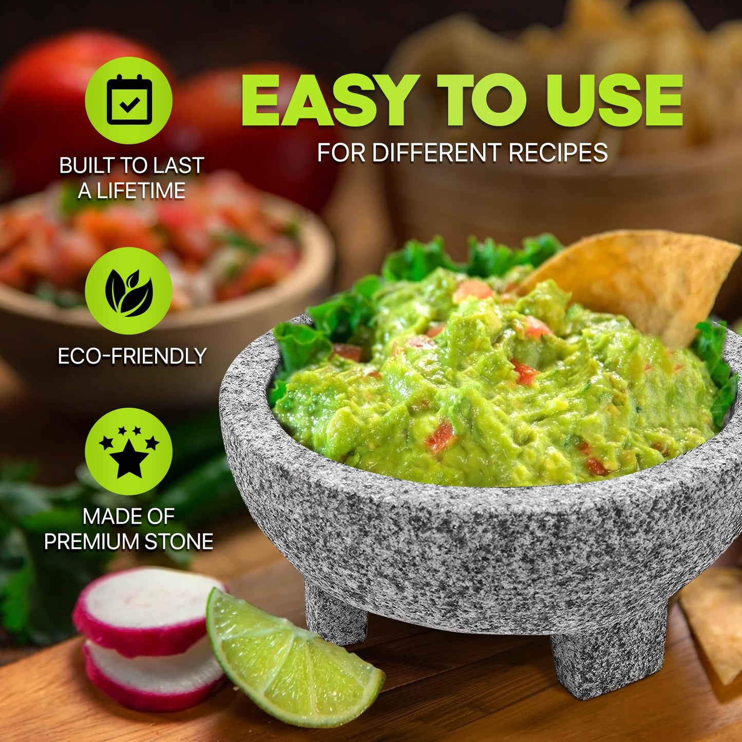 Umien Granite Mortar and Pestle Set - 8-Inch Natural Stone Molcajete with Avocado Tool - 3.5 Cup Capacity for Spices, Herbs, Pestos & Guacamole - Premium Kitchen Gift (Grey)
