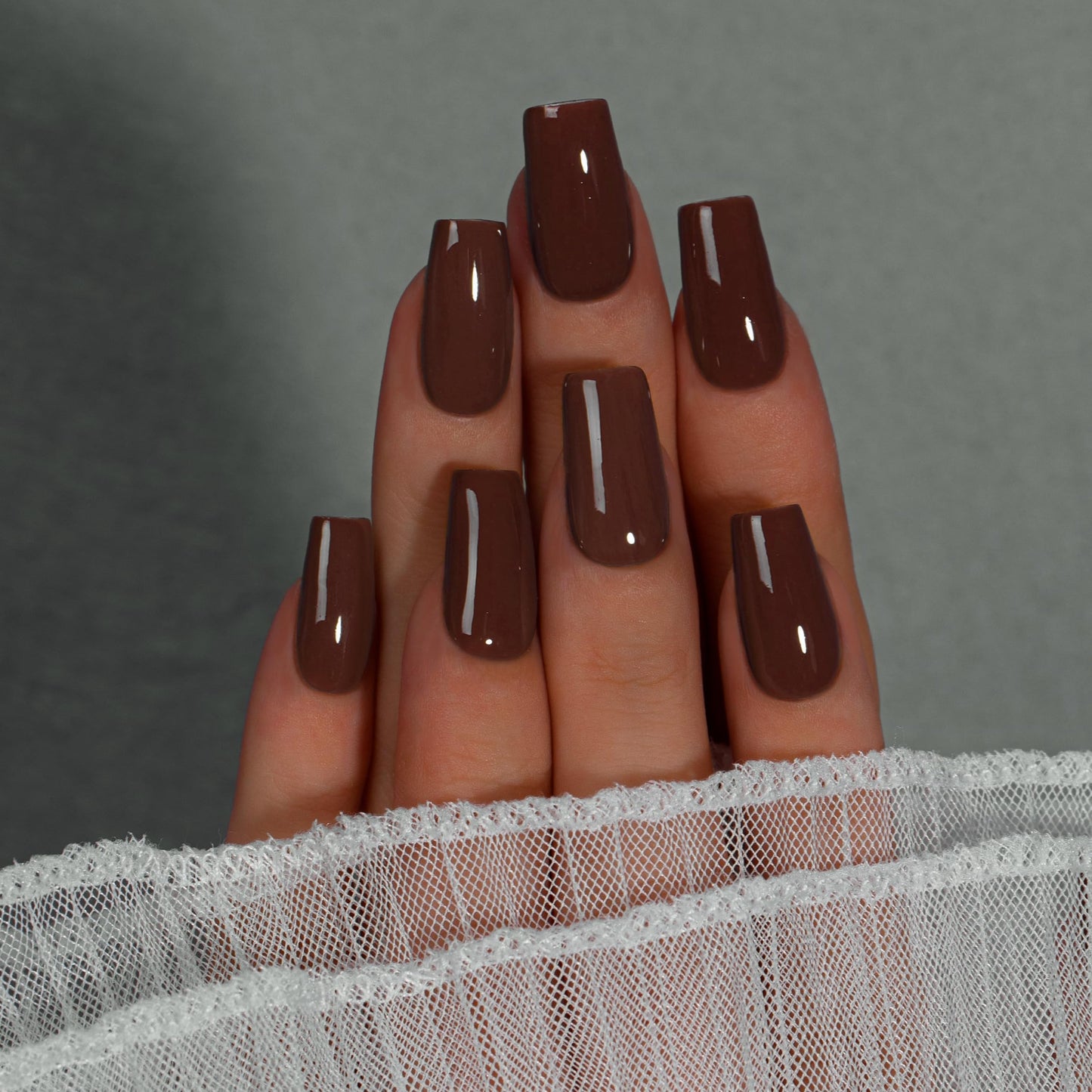 KQueenest Coffee Brown Press On Nails Long Square - Acrylic Press On Nails Medium Coffin, Glossy Opaque Fake Nails with Glue, Reusable Soft Gel Glue on Nails for Manicure Gift, 24 Pcs