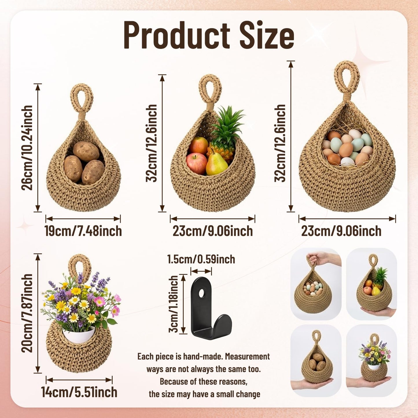 4 Pack Boho Decor Hanging Baskets for Kitchen, 4 Sizes Teardrop Wall Baskets with Hooks for Home Storage Fruit Vegetable