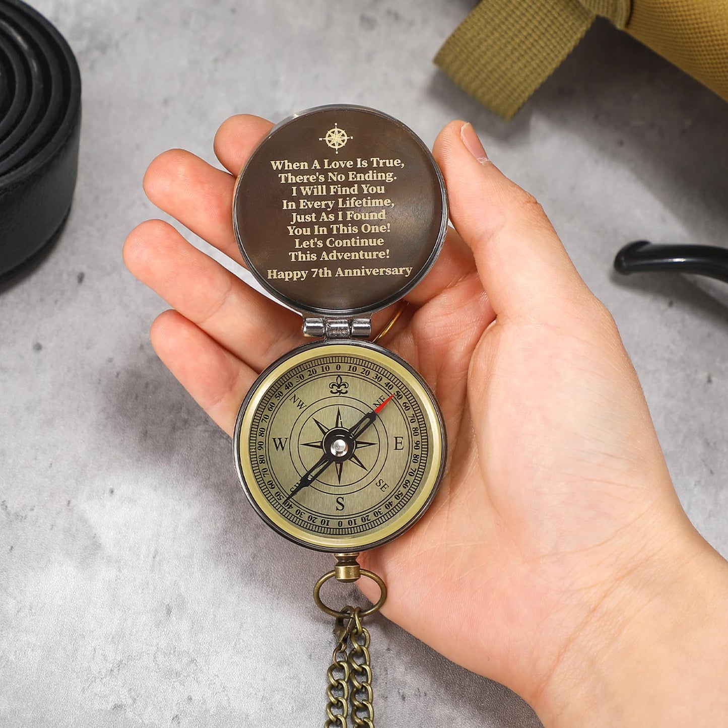Relaxweex Anniversary Copper Gift for Him Her Engraving Quote Compass with Black Walnut Box Wedding Engagement Copper Keepsake Gifts for Men Women Husband Wife Couples(7th Anniversary)