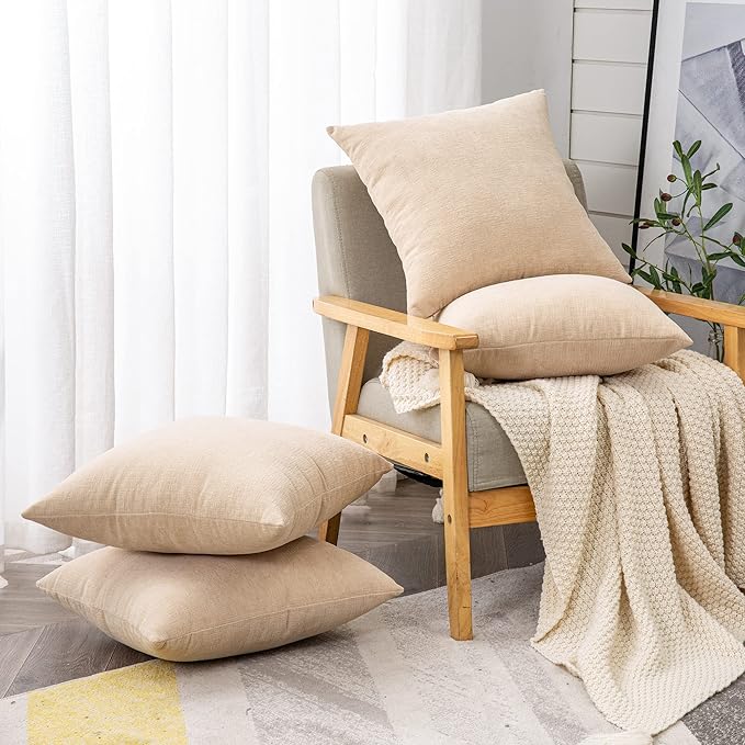 GAWAMAY Decorative Square Throw Pillow Covers 18"x18" Inch Set of 4, Super Soft Chenille Pillows Farmhouse Fall Pillowcase for Living Room Bedroom Sofa Couch Cushion Cover Beige 45x45cm (No Insert)