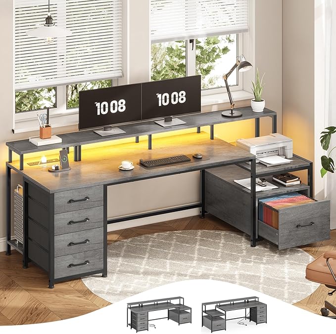 SEDETA 75'' Computer Desk with 5 Drawer, Power Outlet & Led Lights, Home Office Desk with File Drawer, Storage Shelves, Printer Cabinet and Monitor Shelf, 23.6" W Large Desktop Gaming Desk, Grey