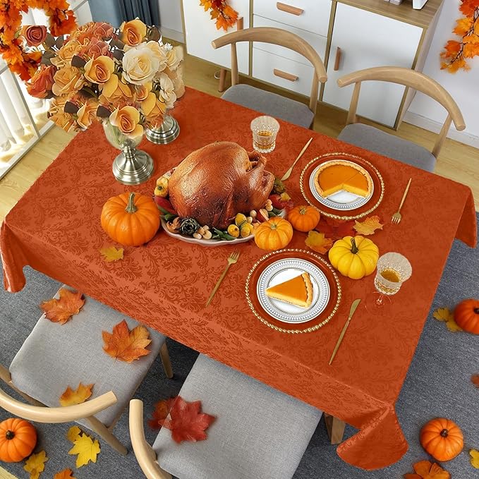 SASTYBALE Jacquard Rectangle Tablecloth, Rusty Spill-Proof Wrinkle Resistant Damask Table Cloth, Soft Polyester Oblong Table Cover for Kitchen Parties Thanksgiving - 60 x 120 Inch Rust