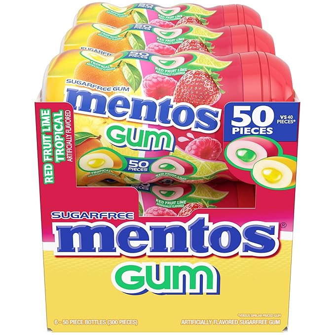 Mentos Sugar-Free Chewing Gum, Tropical, Red Fruit and Lime, Bulk, 50 Piece Bottle (Pack of 6)