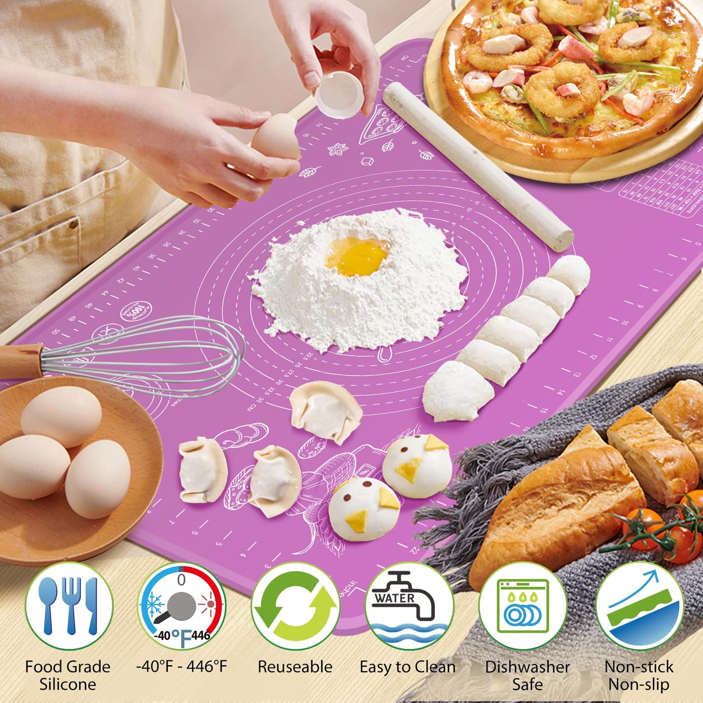 Silicone Baking Mat 32" x 24" Extra Thickness Dough Rolling Mat with Measurements and Edge Heightening, Non-stick Food Grade Silicone Pastry Mat for Pastry, Bread, Cookies, Pizza, Fondant, Pasta