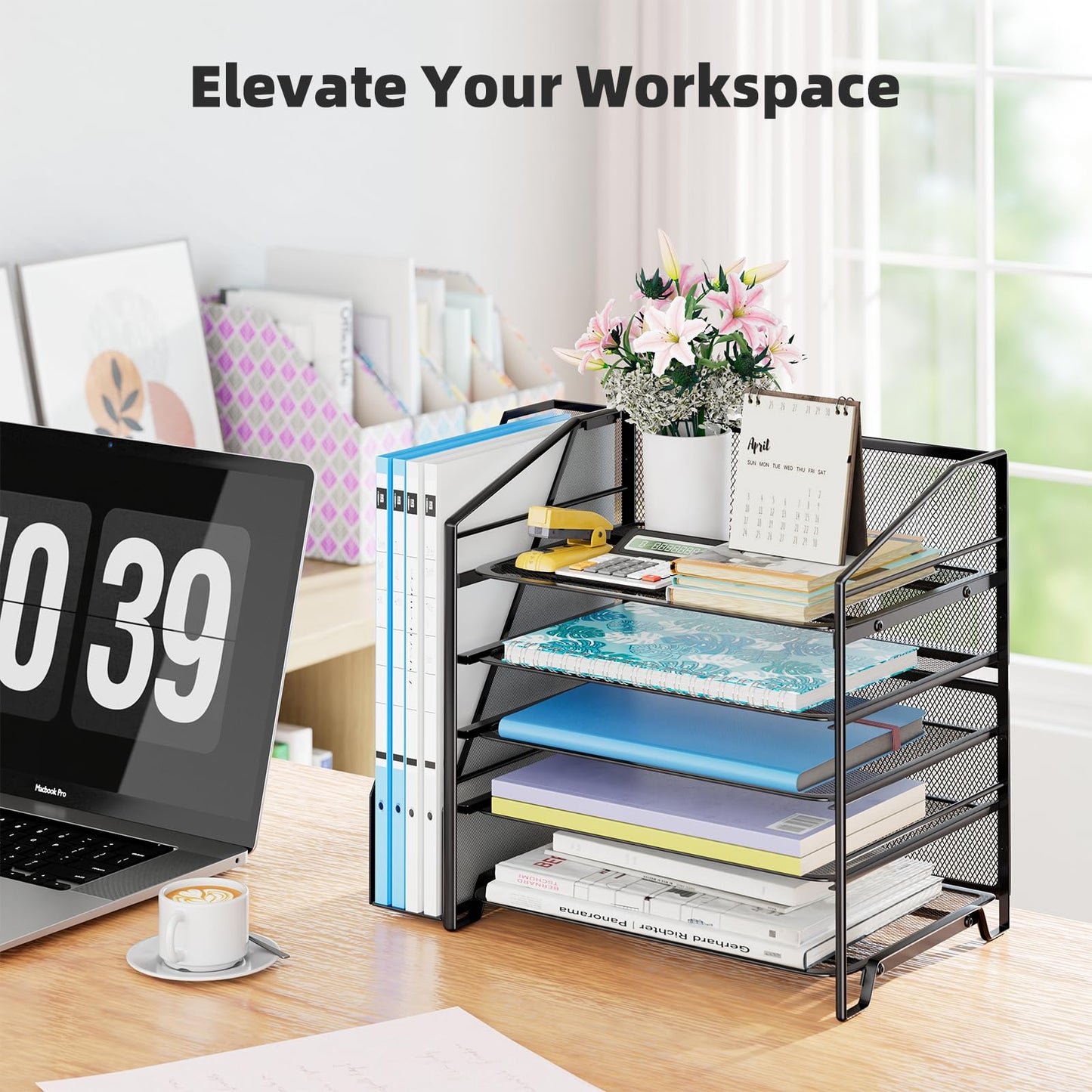 Simple Trending Desk Organizers and Accessories, 5-Tier Desk File Organizer, Paper Letter Tray Organizer with File Holder, Black
