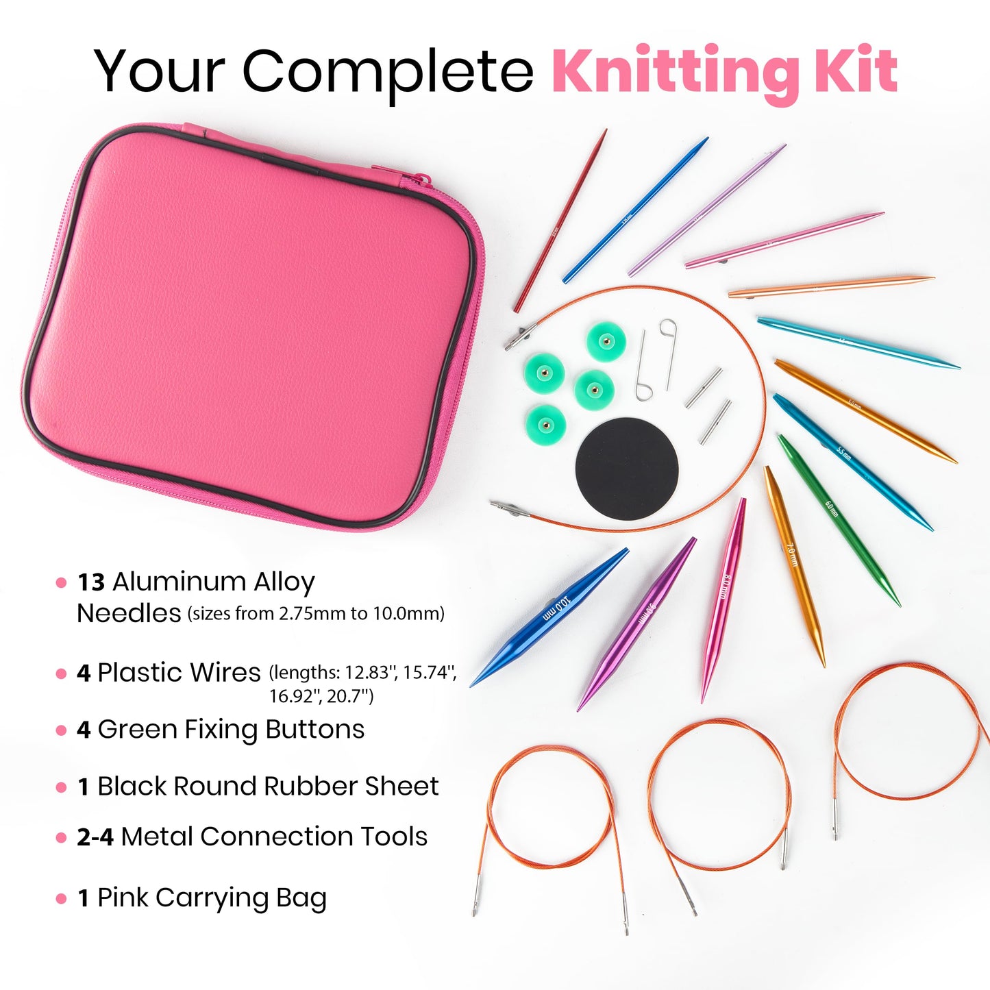 Versatile Interchangeable Circular Knitting Needles - 13 Aluminium Alloy Interchangeable Needles, 4 Durable Cables, Perfect for Beginners & Experts
