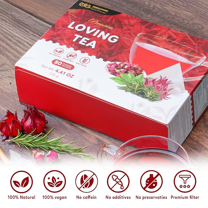 Indochine Blends Loving Tea | Hibiscus Tea Bags | Hibiscus & Organic Rosemary, Black Tea, Rose | Sugar-Free, Caffeine-Free Herbal Tea for Relaxation | 4.4 oz | 50 Corn-Fiber Pyramid Bags