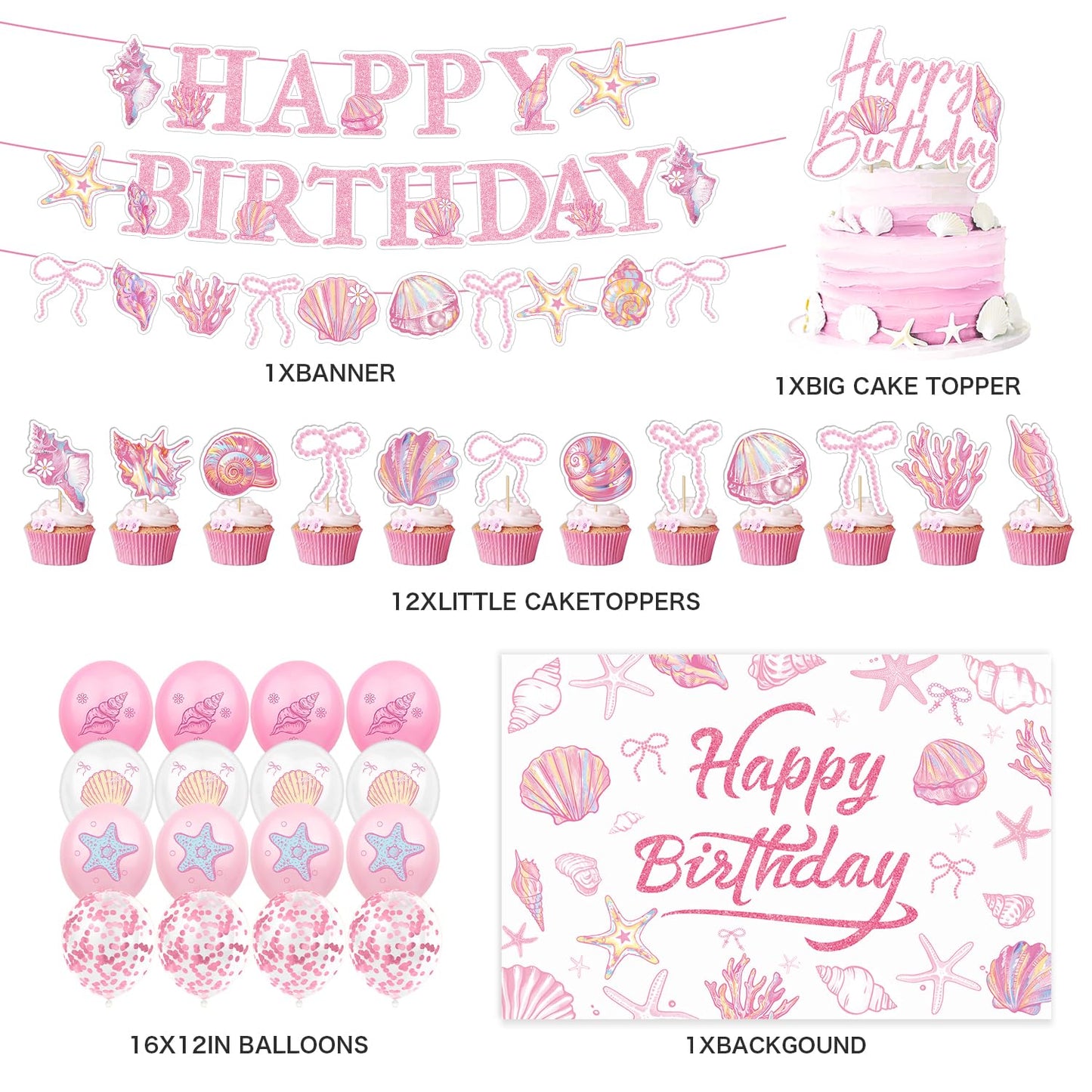 Pink Seashell Party Decorations Include Seashell Banner-Backdrop-Balloons-Cake Topper-Cupcake Toppers for The Summer I Turned Pretty Party Decorations