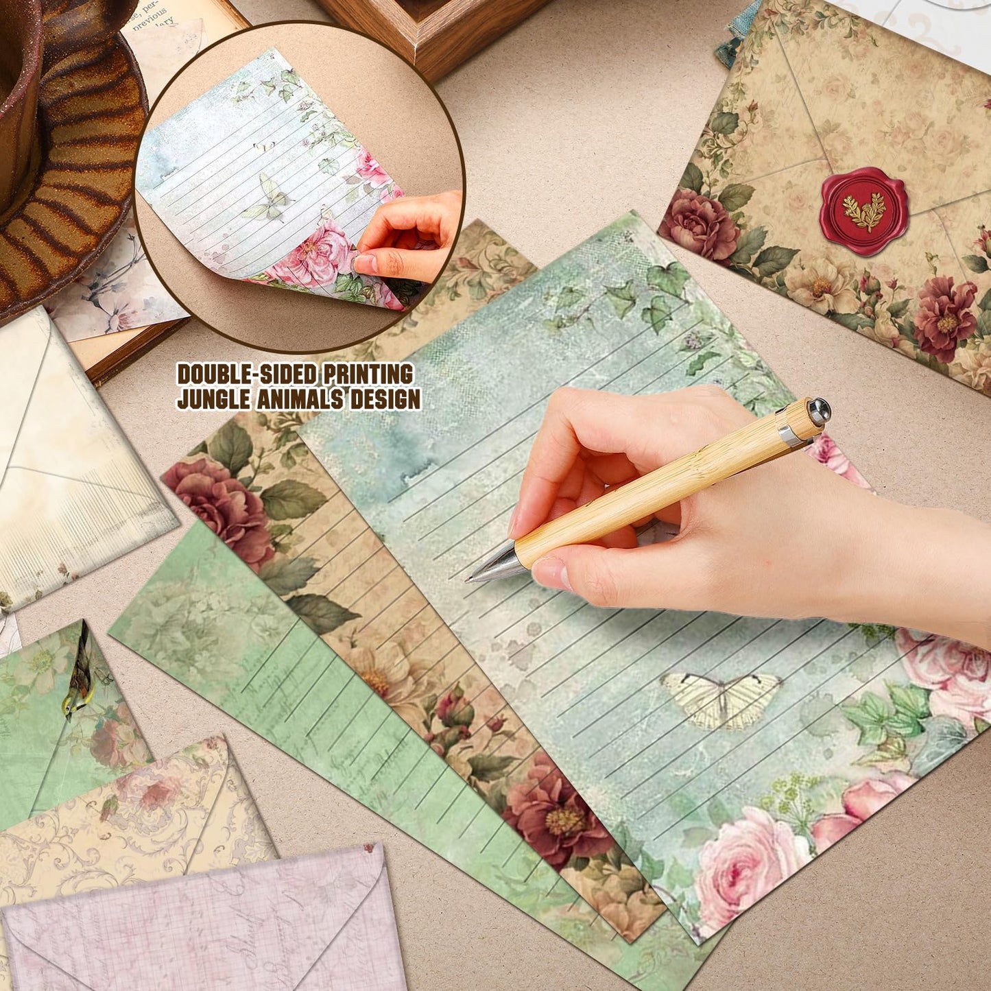 TaoBary 160 Pcs Stationery Paper Set 50 Double Sided Stationery Papers with 50 Matching Envelopes and 60 Round Dot Sticker, 10 Design(Vintage Floral,5.5 x 8.25 Inch)