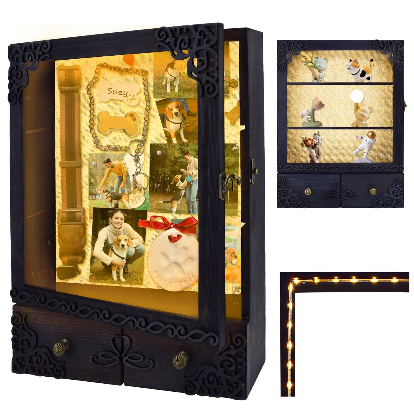 KWYADLUO 11x16 Shadow Box Frame with Light, Memorial Display Case with Shelves, Drawer and Slot for Keepsakes, Deep Memorial Shadow Box for Pet Memorial, Dog Keepsakes and Flowers, Black