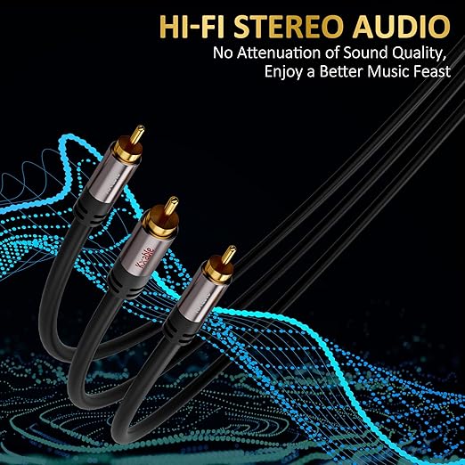 Kxable RCA Y-Adapter Splitter Cable 100 Feet, 1 RCA Male to 2 RCA Male Stereo Audio Subwoofer Cable, Bi-Directional, for Home Theater, Hi-Fi System, Amplifier, Speaker, 24K Gold Plated, OD:5.0MM