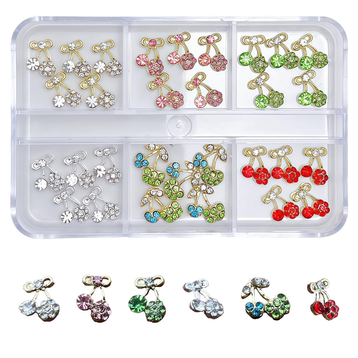 Pizadix 30PCS Cherry Nail Charms Set, 6 Styles (5 Each), Gold/Silver Alloy Rhinestone Fruit Designs, 6-Grid Organizer Box, for Gel, Acrylic & Press-On Nails