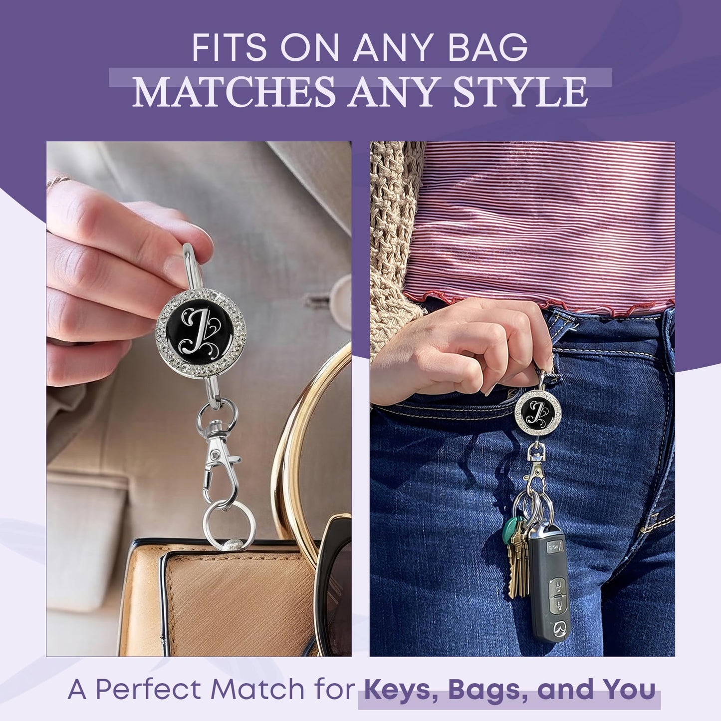 Women’s Bag Charm Key Finder, Car Keychain Hook, Cute Purse Organizer & Tote Bag Accessories, Gifts for Mom - Monogram J