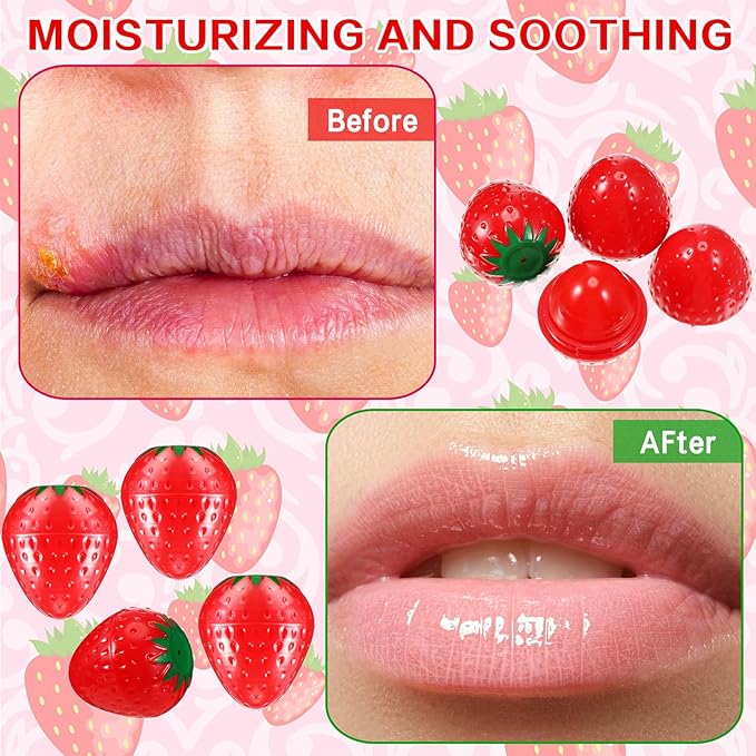 12 Pcs Cute Lip Balm Strawberry Wrinkle Repair Moisturizing and Plumping Lasting Hydrating Strawberry Shaped Lip Protector for Women Valentines Gift