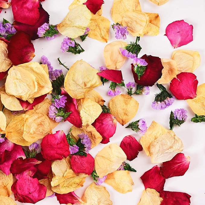 20+ Cups Real Dried Rose Petals Biodegradable Wedding Flower Confetti, 2 QT Mixed Yellow Red Roses Petals &Purple Statice for Flower Girl Wedding Bridal Proposal Bath