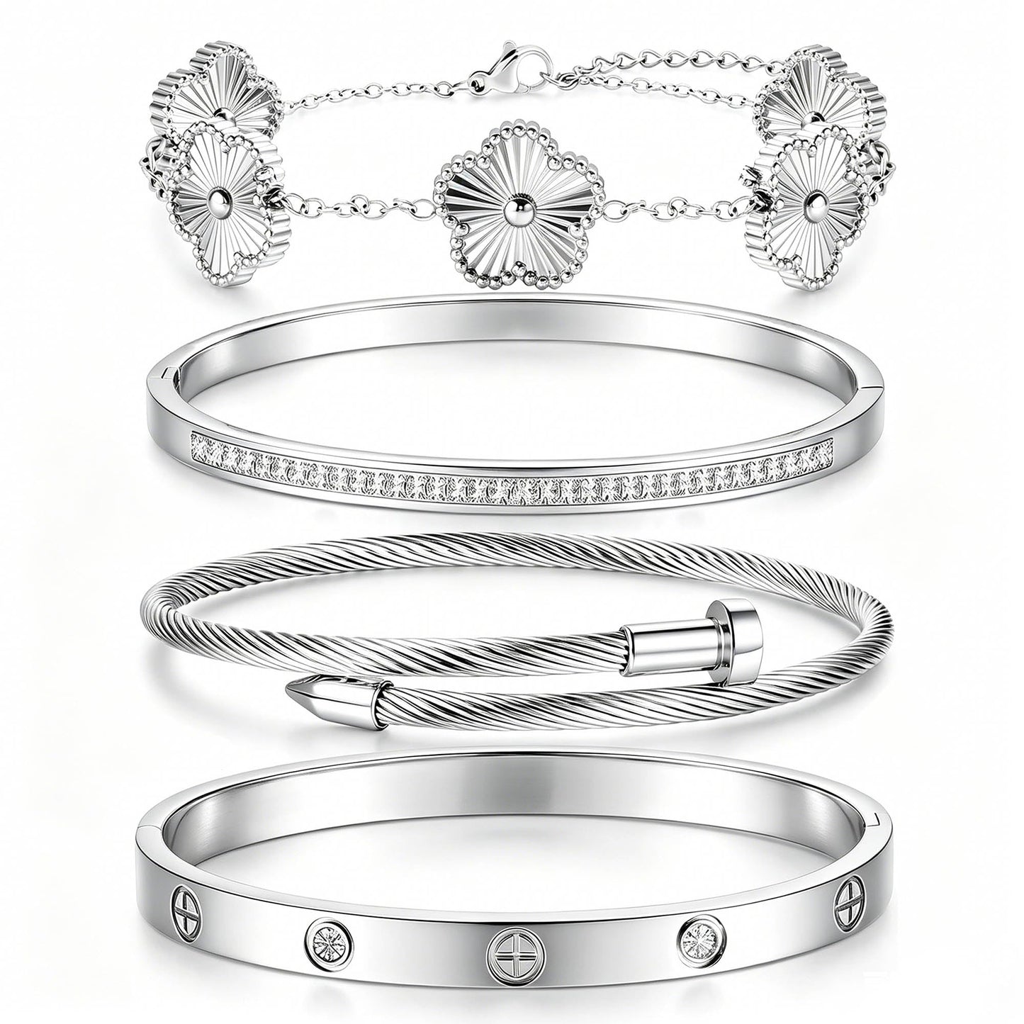 ISELBDR 18K Silver Bracelets for Women - Stackable Clover & Nail Love Bangle Set - Non-Tarnish Stainless Steel Jewelry for Valentine's, Mother's Day & Christmas (Silver-1)