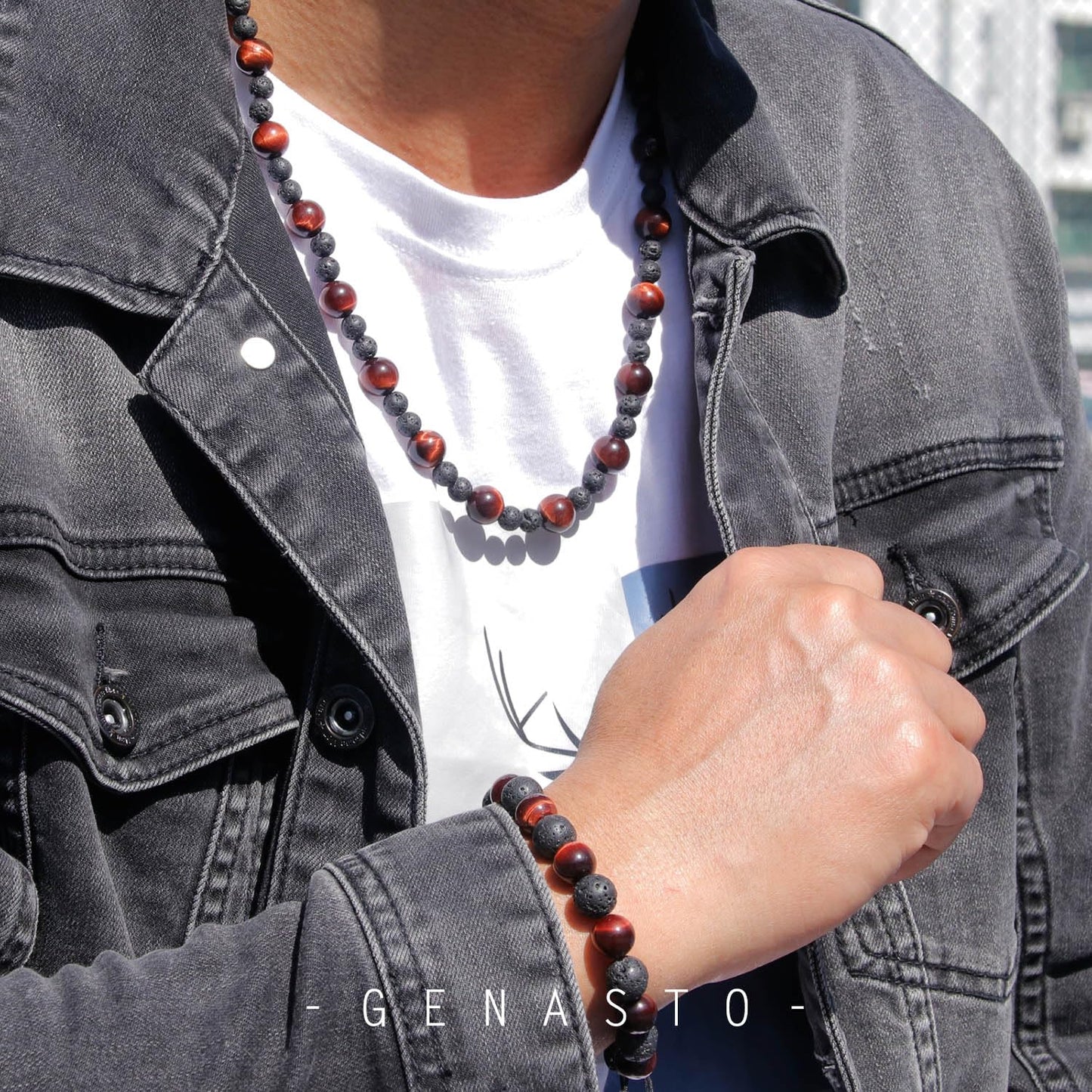 GENASTO Tiger Eye Necklace Healing Protection Crystals Stones Lava Rock Chakra Necklace for Men Women