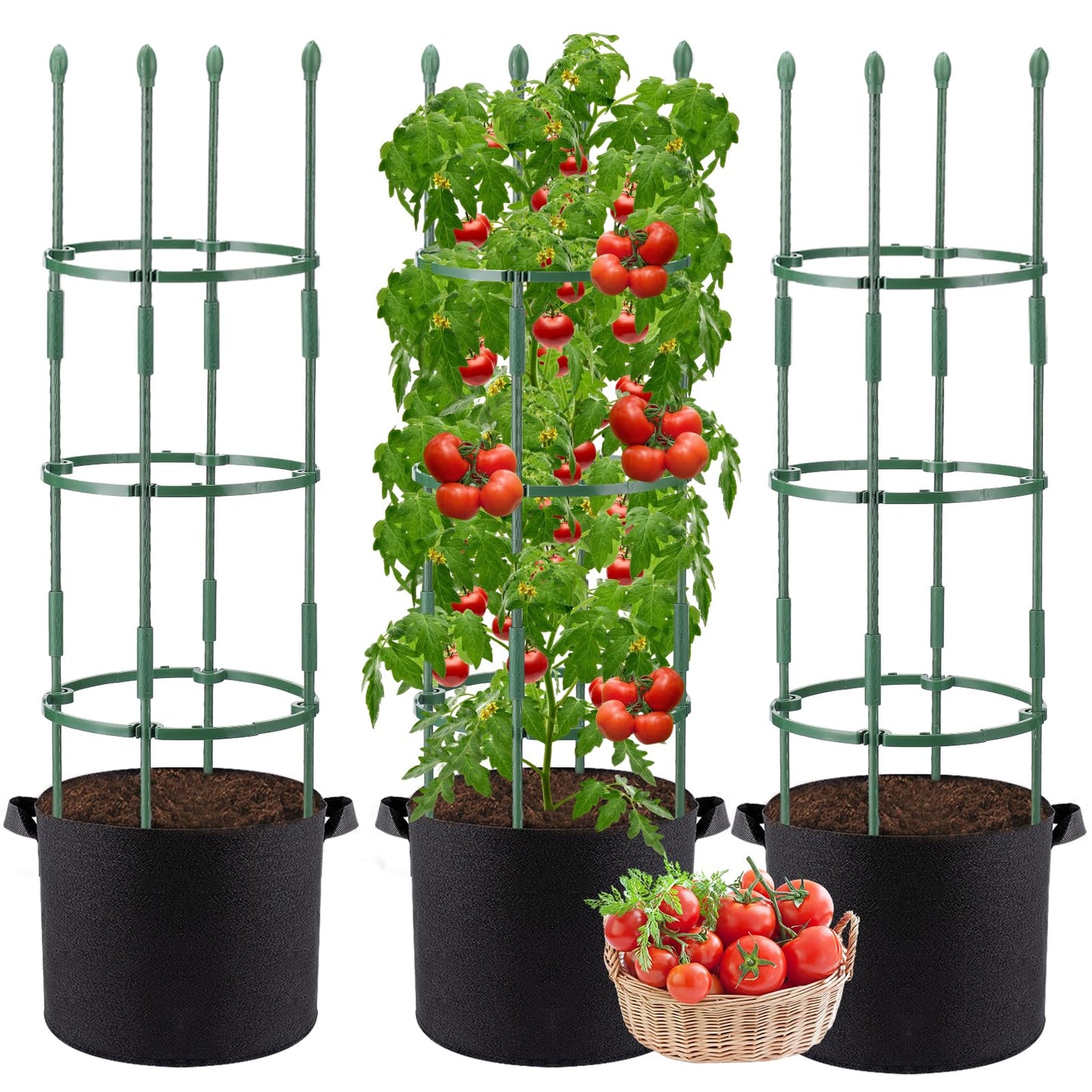 3 Sets Sturdy Tomato Cage with 10 Gal Grow Bags - 48.5" Plants Garden Trellis Planter Kit, Support for Indoor Outdoor Beans, Peppers, Cucumbers, Eggplants, Climbing Vegetable
