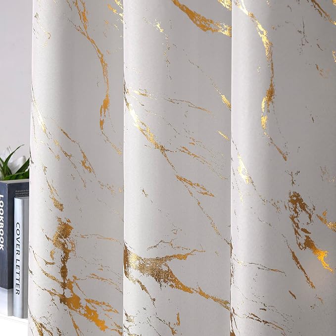 Taisier Home Gold Foil Print Linen Textured Curtains - Geometric Marble Pattern Design for Living Room - Light Filtering Window Treatment, 2 Panels, 72" L, Beige and Gold