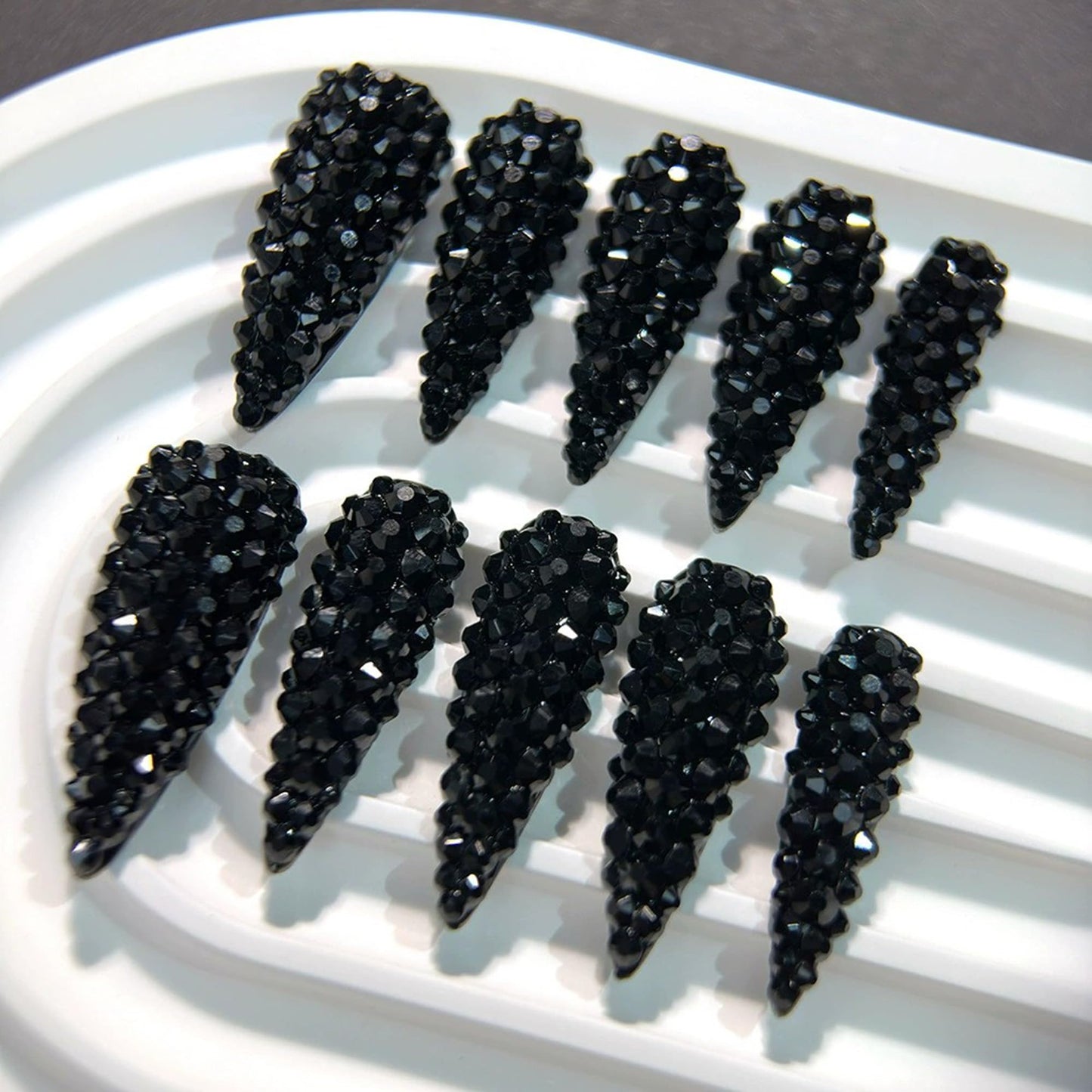 Almond Press on Nails Long Black Rhinestones Handmade Fake Nails Luxury Full Cover False Nails with 3D Designs Acrylic Nails Press Ons Sparkly Reusable Stick on Nail for Women 10Pcs(Size M)
