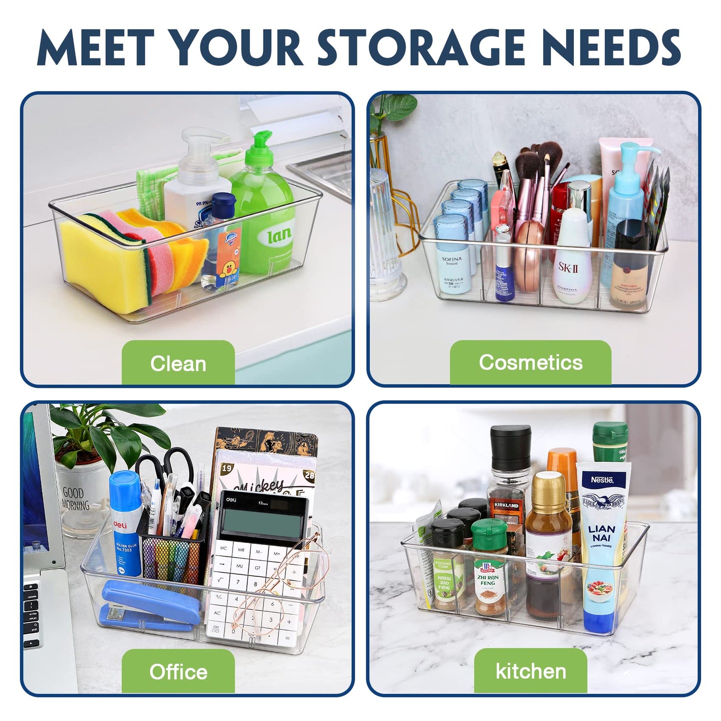 Batoto Pantry Organization and Storage Bins, Refrigerator Organizer Bins – Clear, Kitchen Organization and Storage with Dividers (2 Pack)