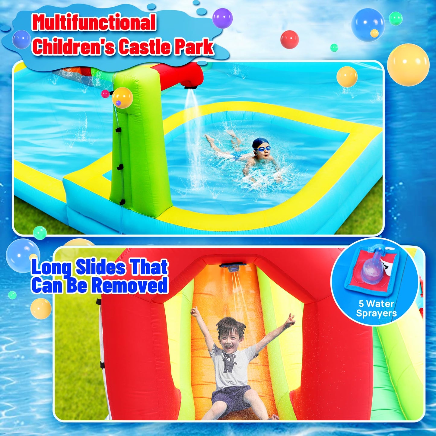 WELLFUNTIME Inflatable Water Slide Park, Bouncy Castle with Deep Pool, 191 x 157.5 x 100 Inch, Jumping Castle with Air Blower