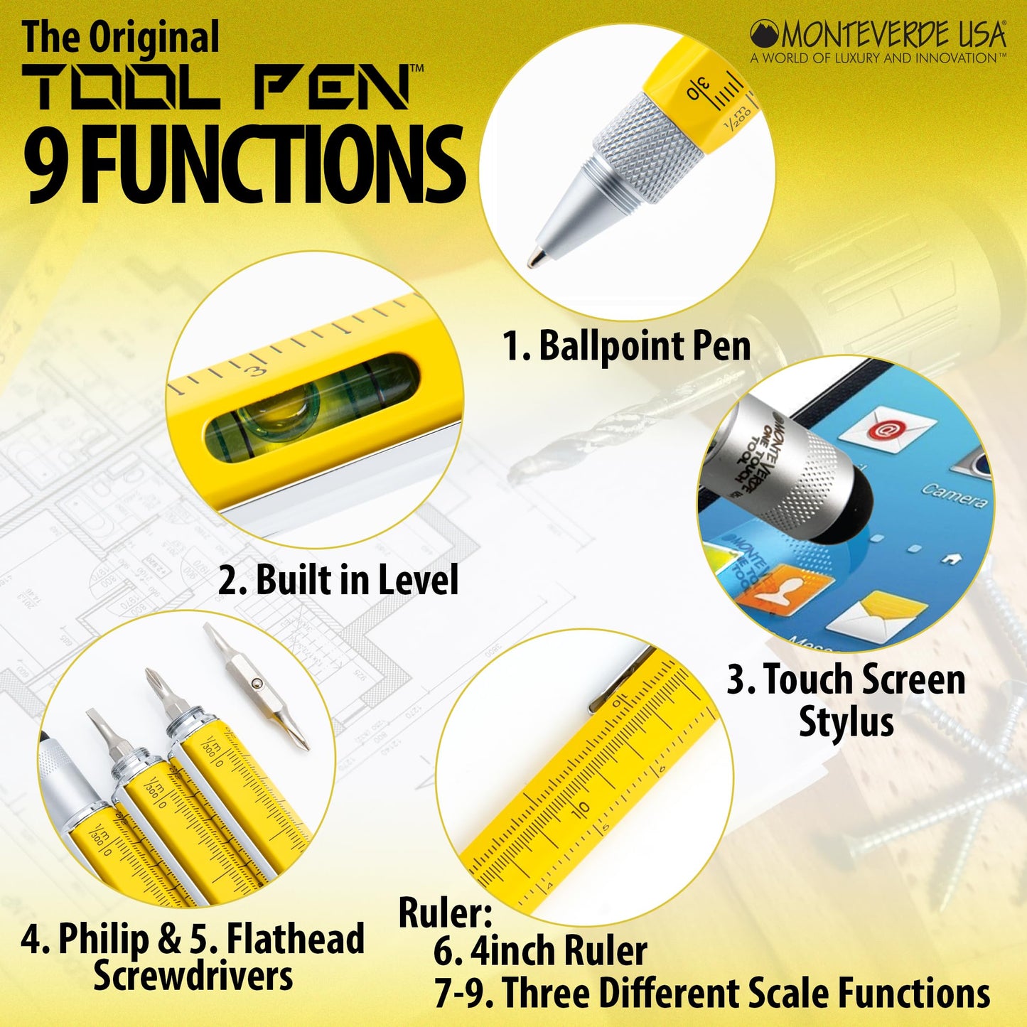 Monteverde One Touch Tool Set Ballpoint Pen with Stylus Yellow + Tool Pen Keychain – 6-in-1 Multifunction Pen Set from Exclusive Collection – Ideal for Engineers (MV35478)