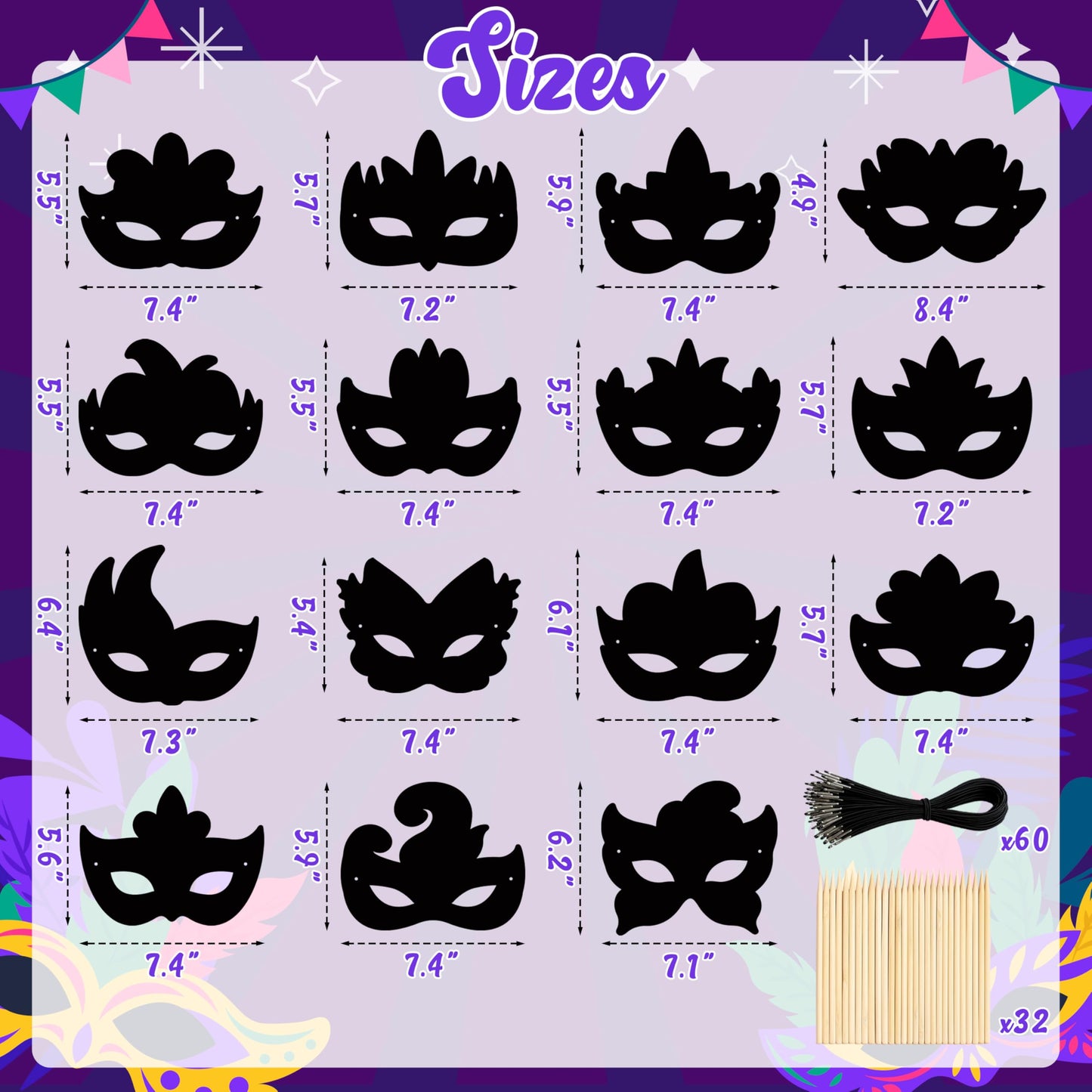 90shine 60 Sets Black Scratch Masks Crafts Magic Craft Art Kit Masquerade Dress up Party Decorations Favors Activities Bulk