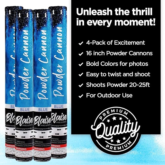 Blaise Pyro & Party Powder Poppers - Colorful Cannons for Birthdays, Weddings, Anniversaries, & More – Designed to Break Down Naturally, Easy to Use for Photoshoots & Celebrations - 16", 4 Pack, Blue