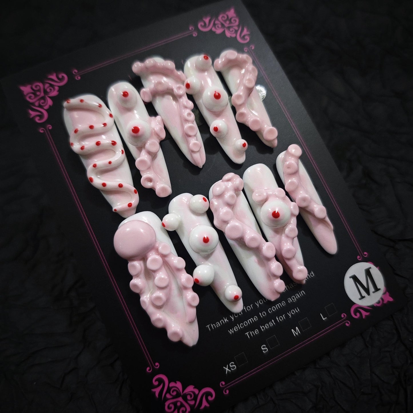 10Pcs(1Pack) Handmade Press On Nails Long Oval 30mm Blush Abyss Pink White Red 3D Eyeball Gothic Artistic Glossy Bold Design for Women Party Holiday Photo Wedding Size M