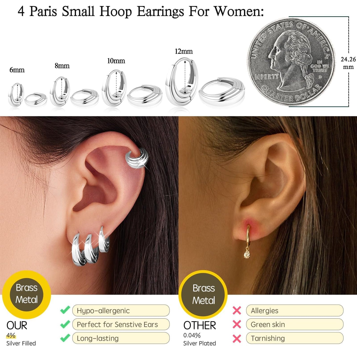 Silver Hoop Earrings Set for Women Huggie Cartilage Clip On Earrings Set for Multiple Piercing Lightweight Jewelry