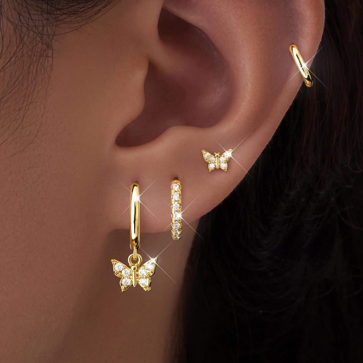 Gold Butterfly Earrings for Women, Huggie Small Stack Cartilage Stud Hoop Earring Sets for Multiple Double Piercing, Conch Helix Rook Tragus Daith Piercing Gold Clip On Jewelry Set Gifts