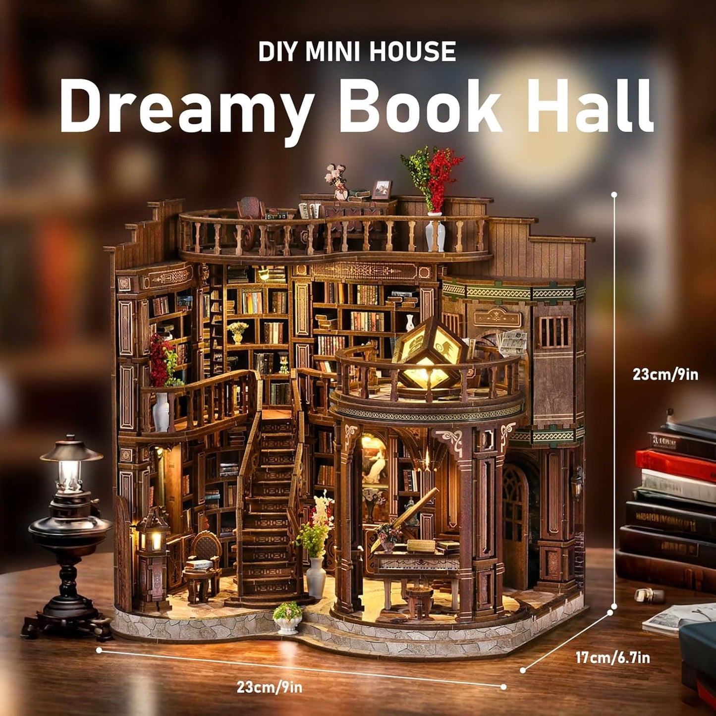 DIY Book Nook Kit, 3D Wooden Puzzle Miniature Booknook Bookend Bookshelf Decor with LED Light,Cherry Blossom Bookstore Bookshelf Insert Booknook, Book Nook Kits for Adults