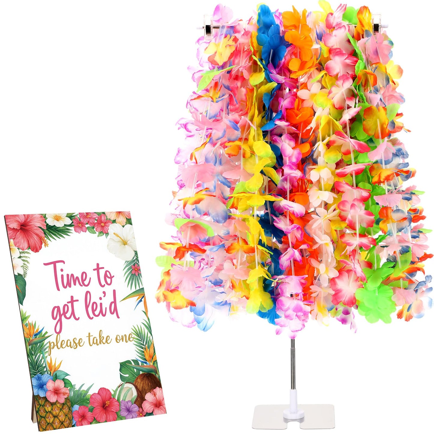 Suncalla 26 Pack Hawaiian Leis Luau Party Decoration Set Include 24 Pcs Hawaiian Leis 1 Pcs Wreath Stand ( Adjustable Base) 1 Pack Luau Party Welcome Wooden Signs for Summer Tropical Flower Lei Shows