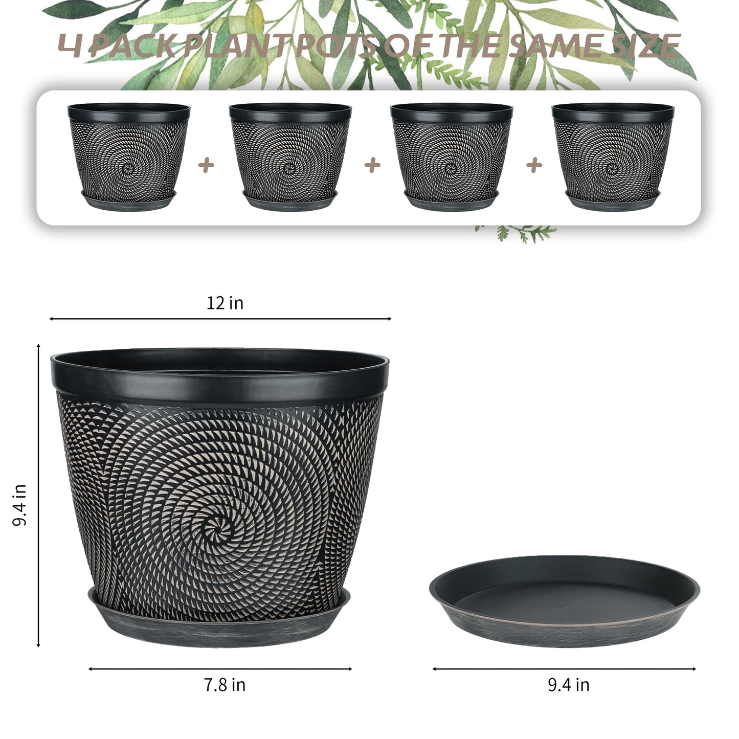 Quarut 12 Inch 4 Pack Large Plant Pots, Plastic Flower Pot for Indoor & Outdoor with Drainage Holes & Saucer, Circle Pattern Planters Garden Pots for Herbs