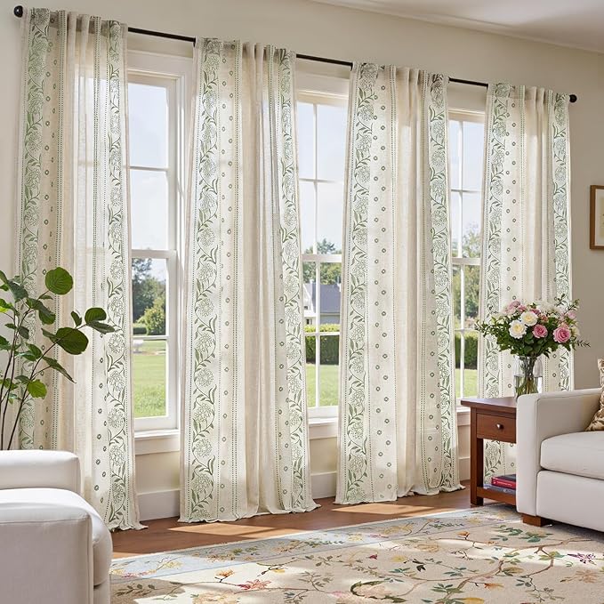 jinchan Winslow 4 Panel Curtains Set 84 Inch Length Embroidered Bordered Floral Curtains for Living Room Farmhouse Decor Light Filtering Window Treatments Sage on Beige Drapes 4 Panels
