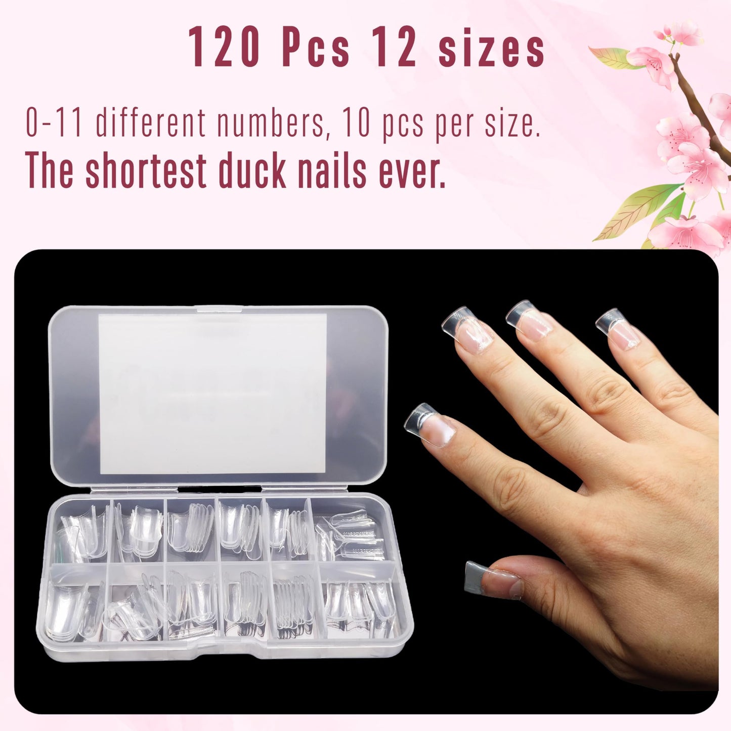 NOVO OVO Duck Feet Nail Tips for Small and Medium Hand, Extra Short Full Cover Press On Acrylic, Clear Full Coverage Thick Flare French Soft Gel Fake False Nail Extension x 12 Sizes 120 pcs