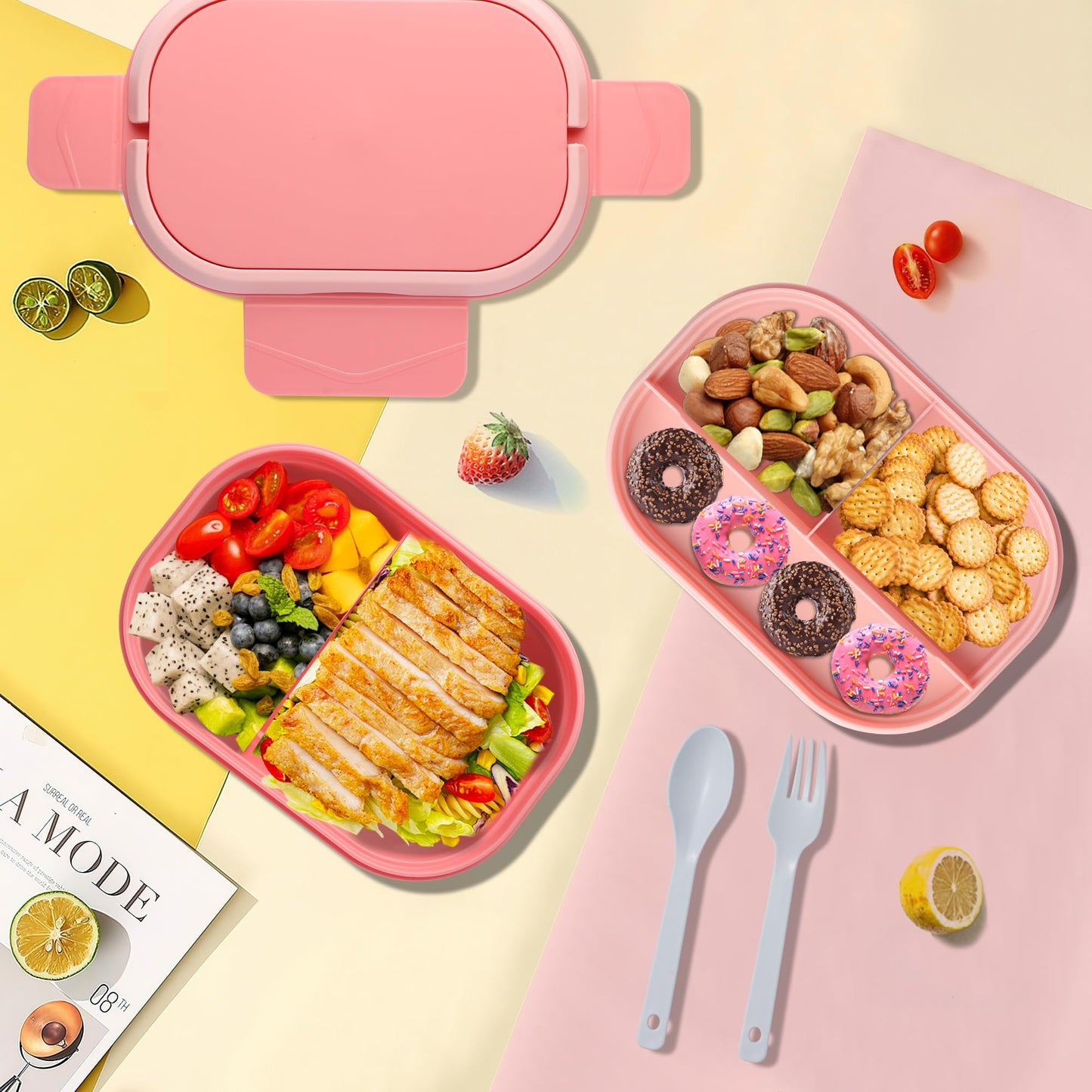 Itopor Leakproof Bento Box Adult Lunch Box with Hidden Handle, BPA-Free 5-Compartment Lunch Containers for Adults with Snack Tray & Utensils, Microwave & Dishwasher Safe, 5 Cup Pink