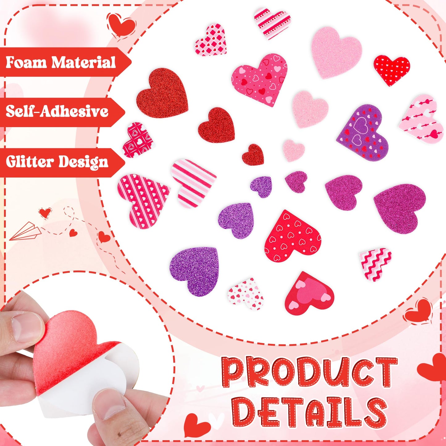 500 PCS Valentines Stickers, Self-Adhesive Foam Heart Stickers for Craft Lovers, 3 Sizes Glitter Polka Dots Stripe Valentines Decor, Bulk Valentine Crafts Red Pink DIY Decor for Frames Presents Cards