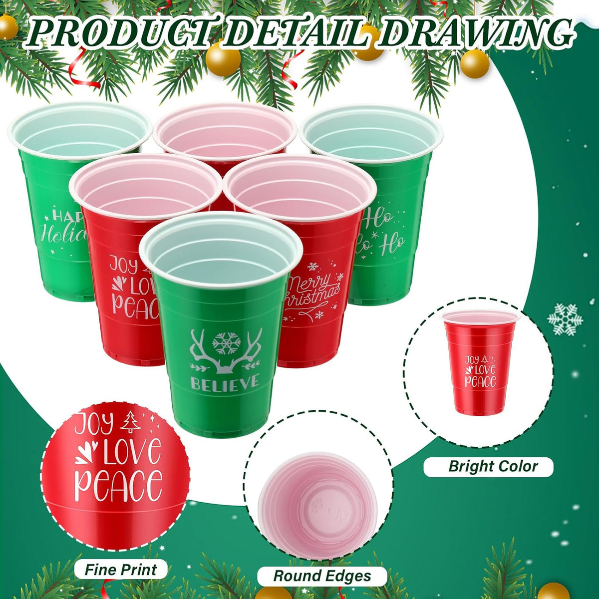 Sliner 180 Pcs 16 oz Christmas Plastic Disposable Cups Bulk Snowflake Elk Star Christmas Tree Drinking Cups for Xmas Birthday Party Supplies (Red,Green)