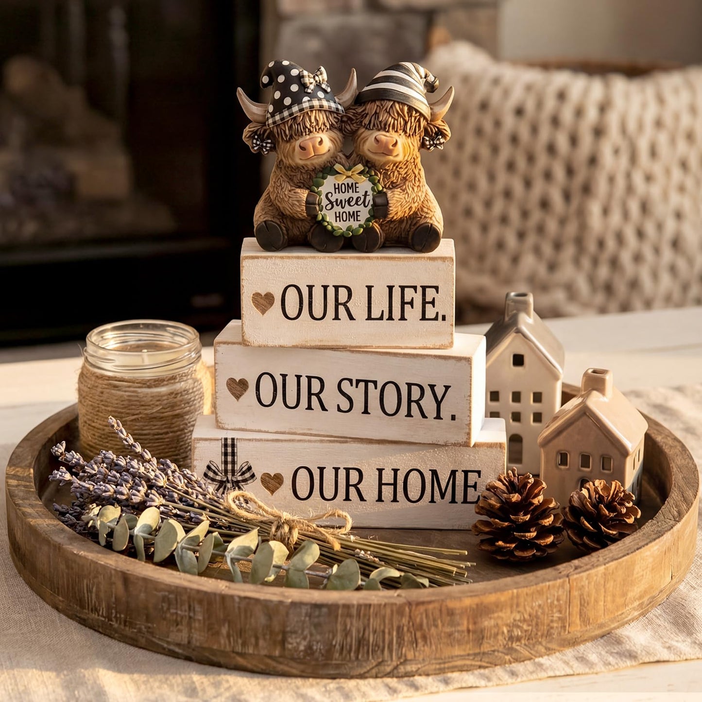 Yousoontic 4 Pcs Rustic Wooden Highland Cow Figurines Set, Farmhouse Table Decor Home Sweet Home Stackable Centerpiece for Entryway Tiered Tray Shelf Living Room Office Decor, Housewarming Gift