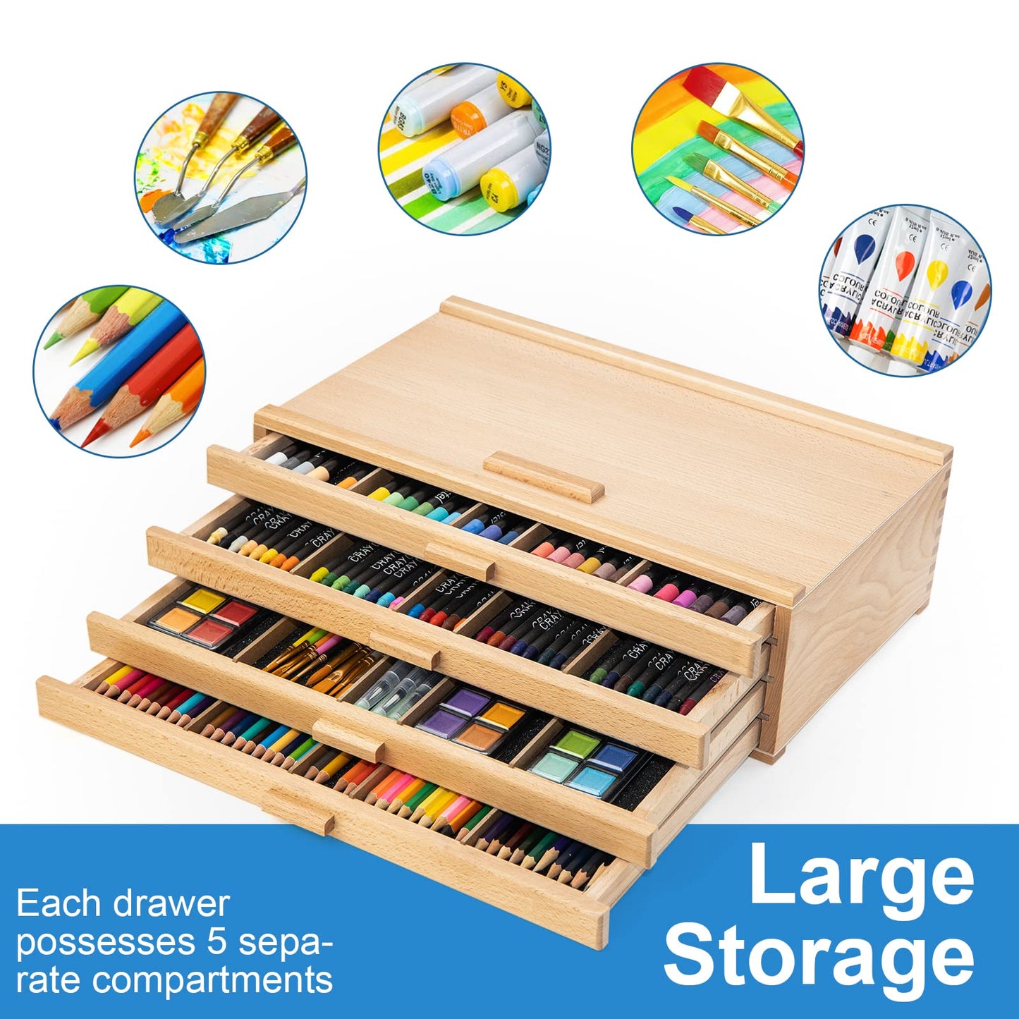 Falling in Art Wooden Pastel Storage Box, Artist Supply Storage Box With 4 Removable Drawer, Portable Organizer Box for Pencils, Markers, Brushes and Painting Tools
