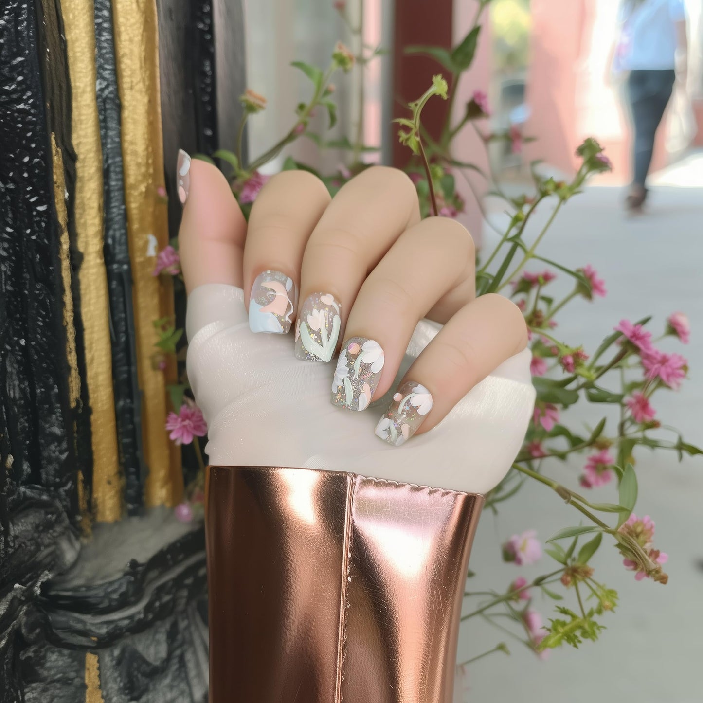 Fine Point Handmade Salon-Quality Fake Nails, Short Squoval Press-On Nails, 3D Floral Pastel Spring Design with White Flowers, Acrylic Nails with Glitter Accents in Painterly Oil Style (Size Small)