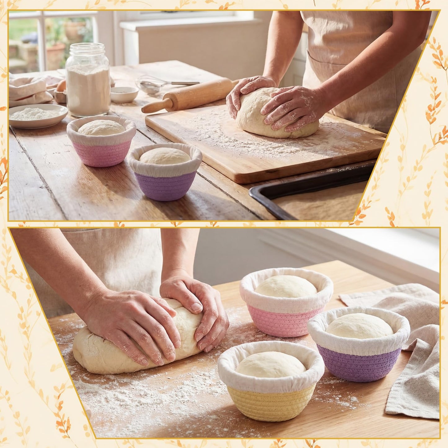 Ferrochef Round Banneton Bread Proofing Basket Set Cotton Rope Sourdough Bread Banneton Basket with Liners Covers for Baking Supplies(5 Inch)