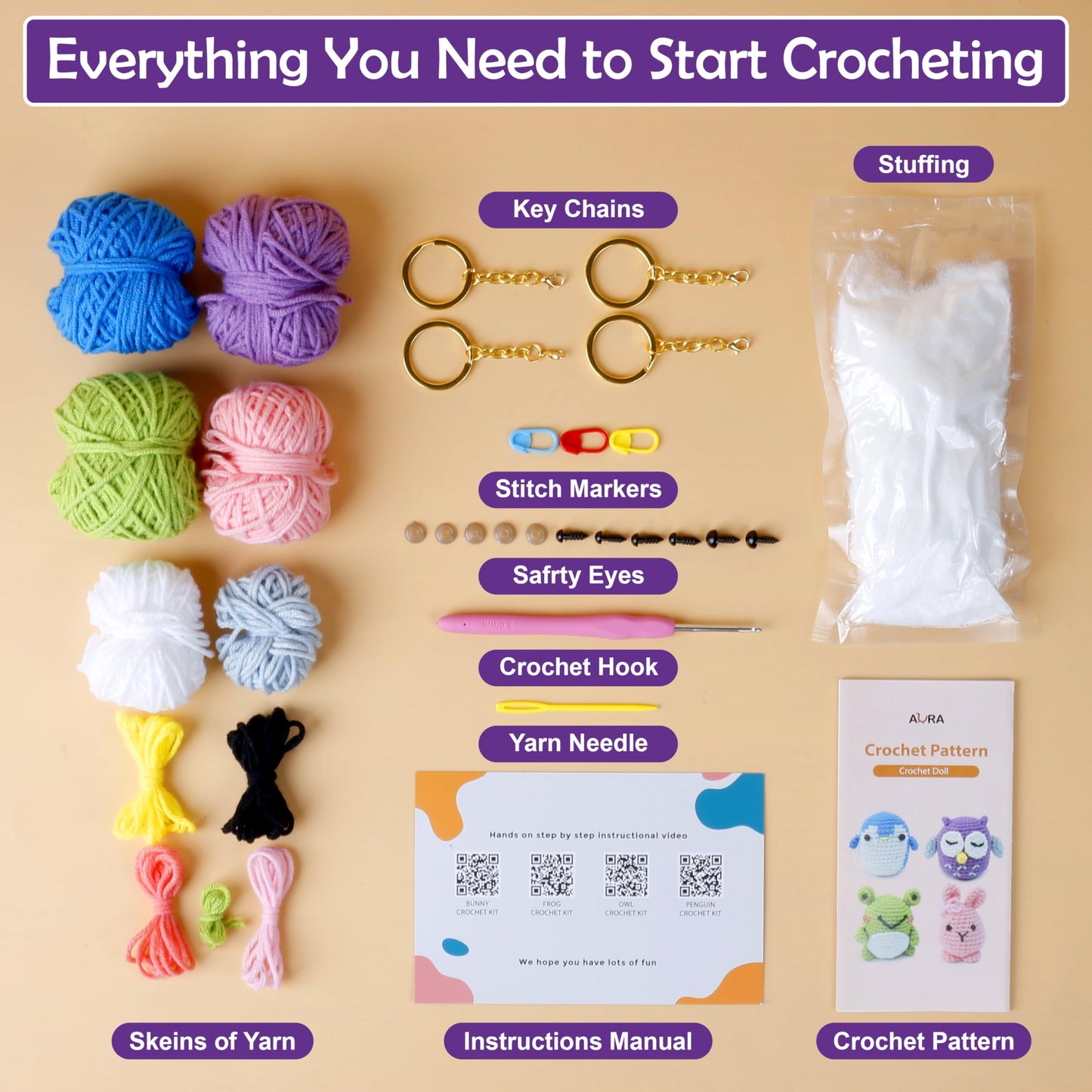 A-URA Learn to Crochet Kit for Beginners Kids and Adults, Premium 4 Animal Pattern Beginner Crochet Kits with Easy Tube Yarn & Step-by-Step Video Tutorials (Forest Friends–Standard Size)