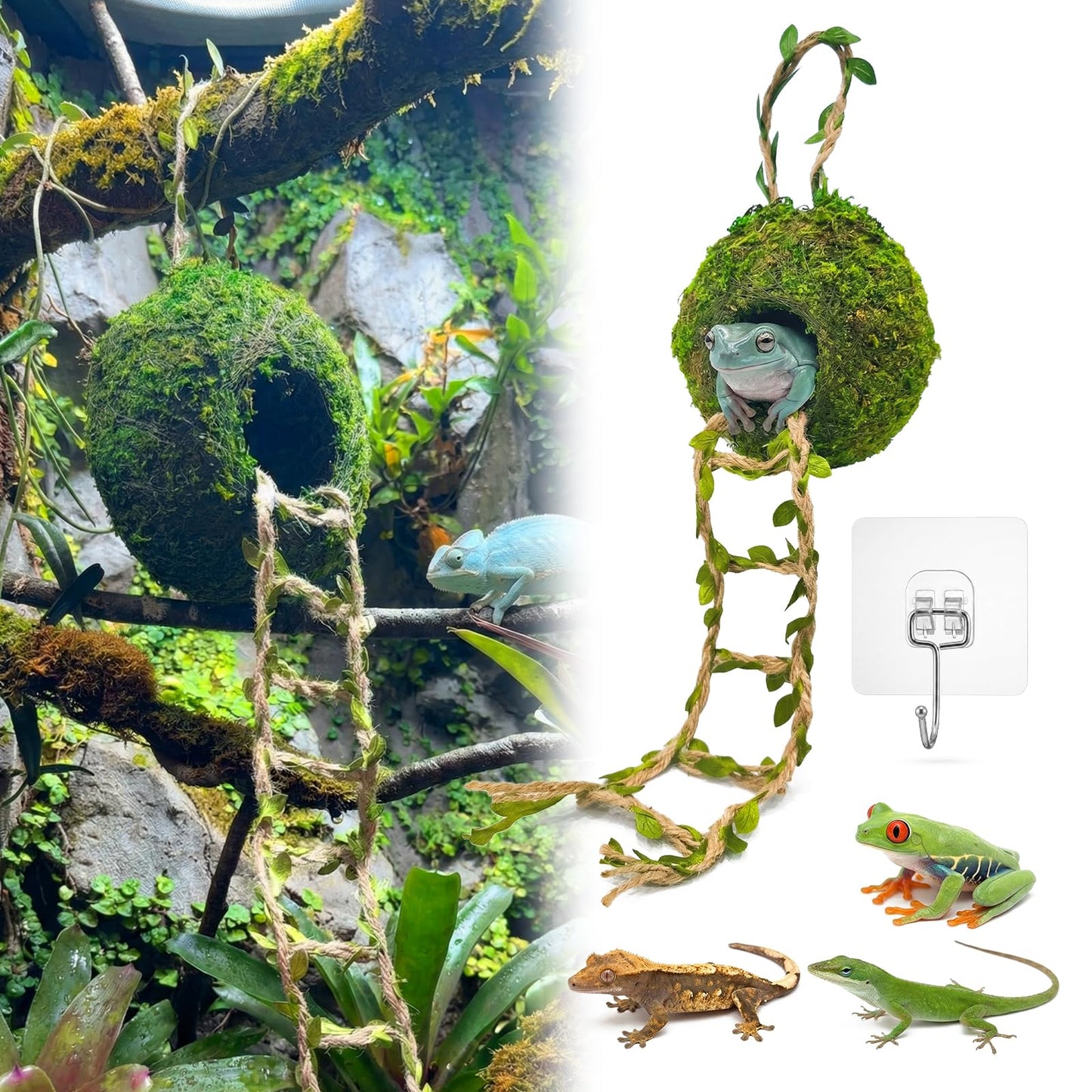 Moss Cave Hideout with Hanging Rope & Hemp Climbing Ladder – Natural Reptile Tank Decor Accessories for Crested Geckos, Chameleons, Tree Frogs, Leopard Geckos & Snakes. Terrarium & Vivarium Decor (4")
