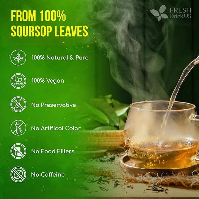 FreshDrinkUS, 120+ Premium Soursop Graviola Dried Leaves Tea, 40 Cups, 120-130 Natural Leaves, Whole Leaves, Wildcrafted, Graviola, Hoja Guanabana, Soursop Loose Leaf Herbal Tea, No Gluten, Vegan